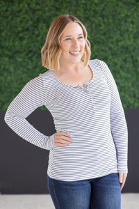 Striped Henley Long Sleeve - White-Tops-Villari Chic, women's online fashion boutique in Severna, Maryland