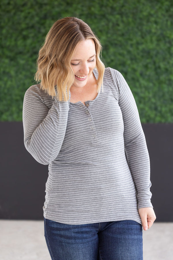 Striped Henley Long Sleeve - Charcoal-Tops-Villari Chic, women's online fashion boutique in Severna, Maryland
