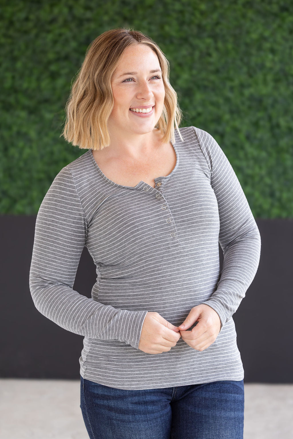 Striped Henley Long Sleeve - Charcoal-Tops-Villari Chic, women's online fashion boutique in Severna, Maryland