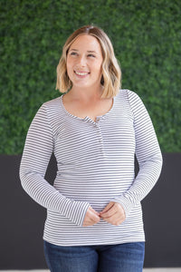 Striped Henley Long Sleeve - White-Tops-Villari Chic, women's online fashion boutique in Severna, Maryland