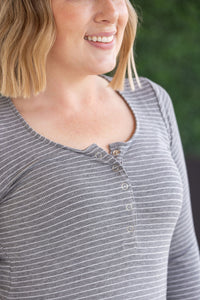 Striped Henley Long Sleeve - Charcoal-Tops-Villari Chic, women's online fashion boutique in Severna, Maryland