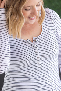 Striped Henley Long Sleeve - White-Tops-Villari Chic, women's online fashion boutique in Severna, Maryland