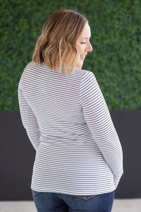Striped Henley Long Sleeve - White-Tops-Villari Chic, women's online fashion boutique in Severna, Maryland