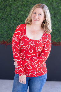 Alyssa Long Sleeve Top - Red and White Ribbons-Tops-Villari Chic, women's online fashion boutique in Severna, Maryland