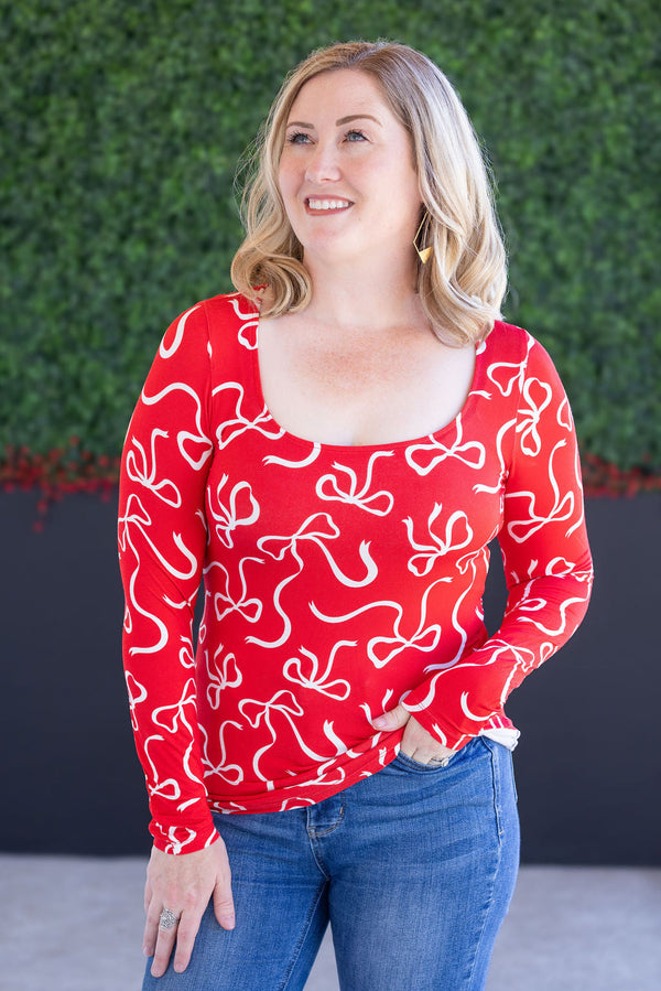 Alyssa Long Sleeve Top - Red and White Ribbons-Tops-Villari Chic, women's online fashion boutique in Severna, Maryland