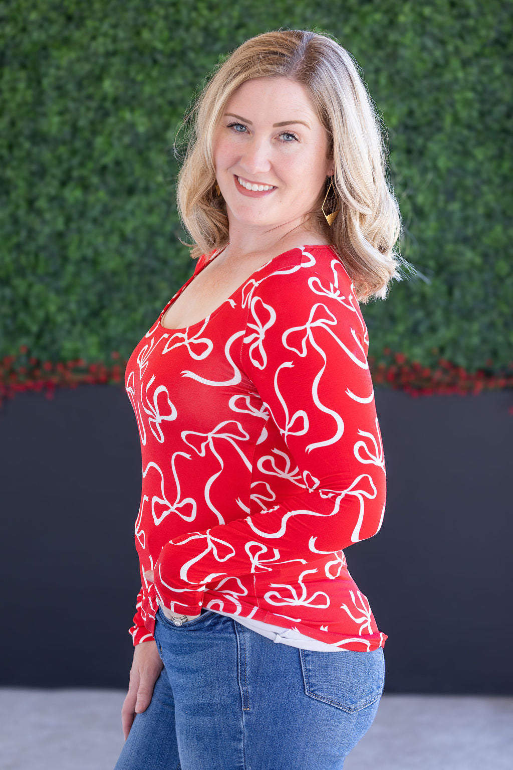 Alyssa Long Sleeve Top - Red and White Ribbons-Tops-Villari Chic, women's online fashion boutique in Severna, Maryland