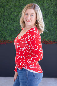 Alyssa Long Sleeve Top - Red and White Ribbons-Tops-Villari Chic, women's online fashion boutique in Severna, Maryland