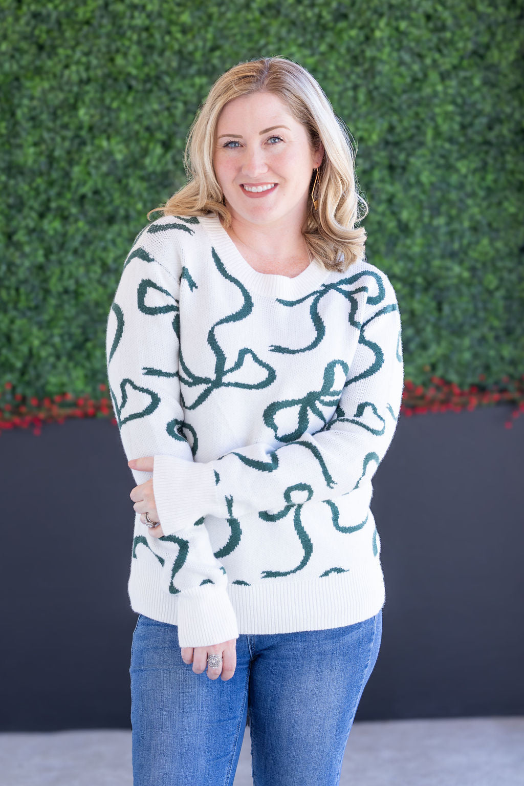 Ribbons Sweater - Ivory and Hunter Green-Sweater-Villari Chic, women's online fashion boutique in Severna, Maryland