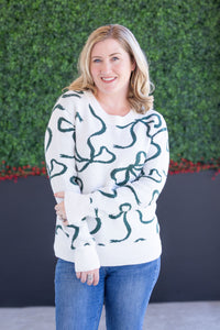 Ribbons Sweater - Ivory and Hunter Green-Sweater-Villari Chic, women's online fashion boutique in Severna, Maryland