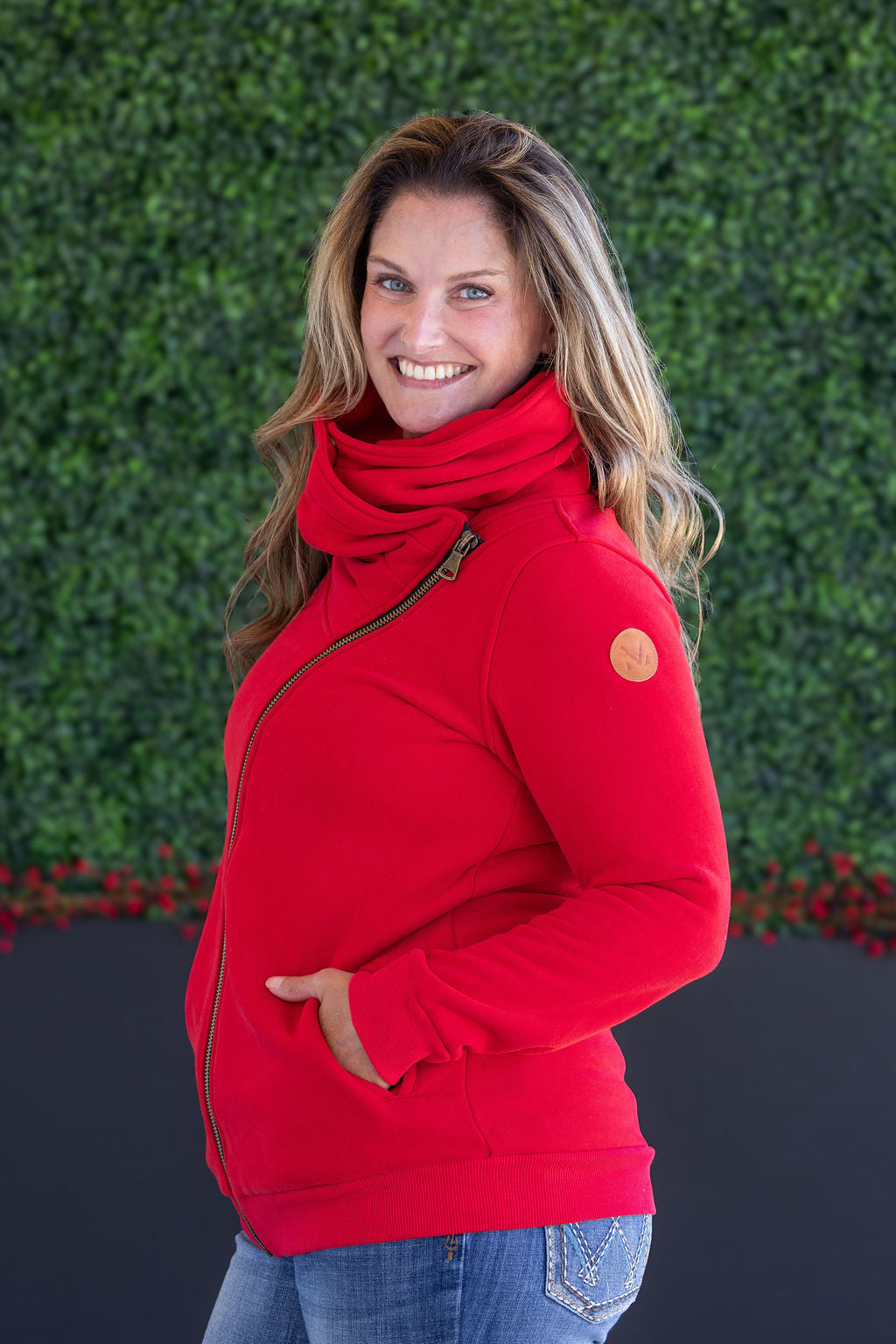 Quinn ZipUp Cowl - Red-Sweatshirt-Villari Chic, women's online fashion boutique in Severna, Maryland