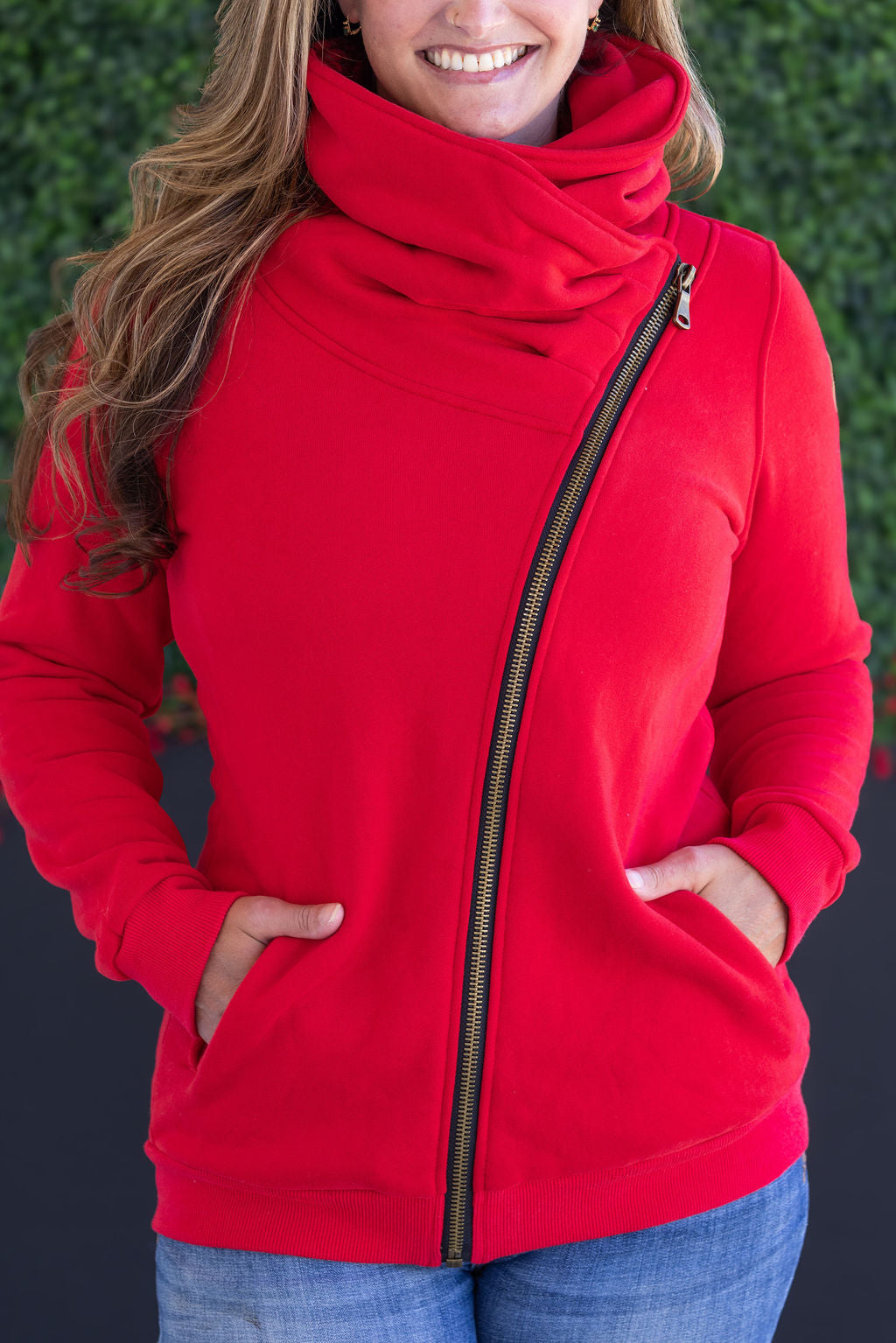 Quinn ZipUp Cowl - Red-Sweatshirt-Villari Chic, women's online fashion boutique in Severna, Maryland