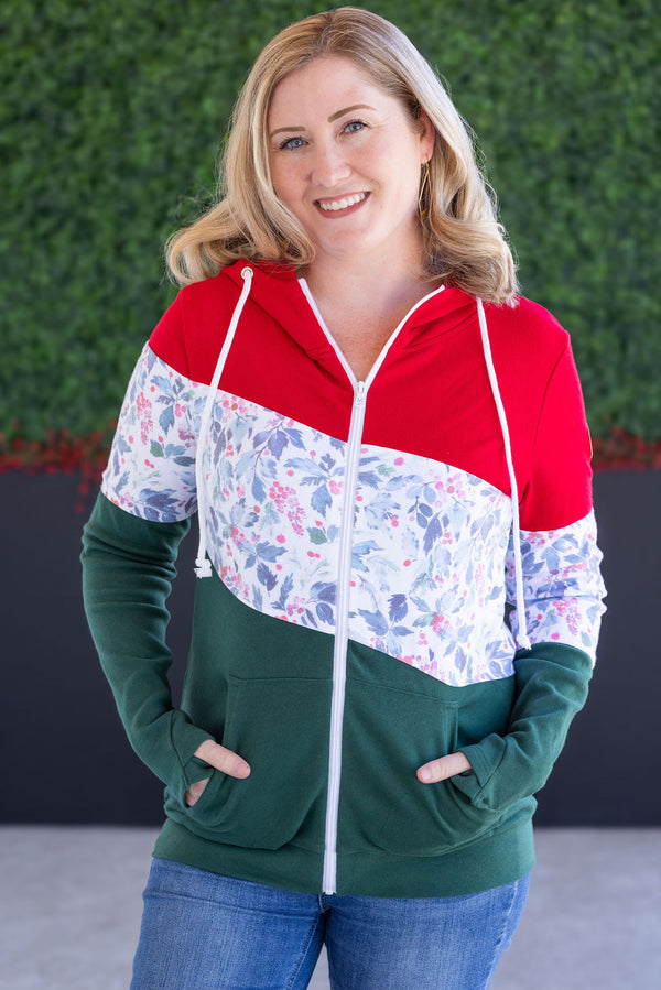 Colorblock Fullzip - Red, Winter Berry, Evergreen-clothing-Villari Chic, women's online fashion boutique in Severna, Maryland