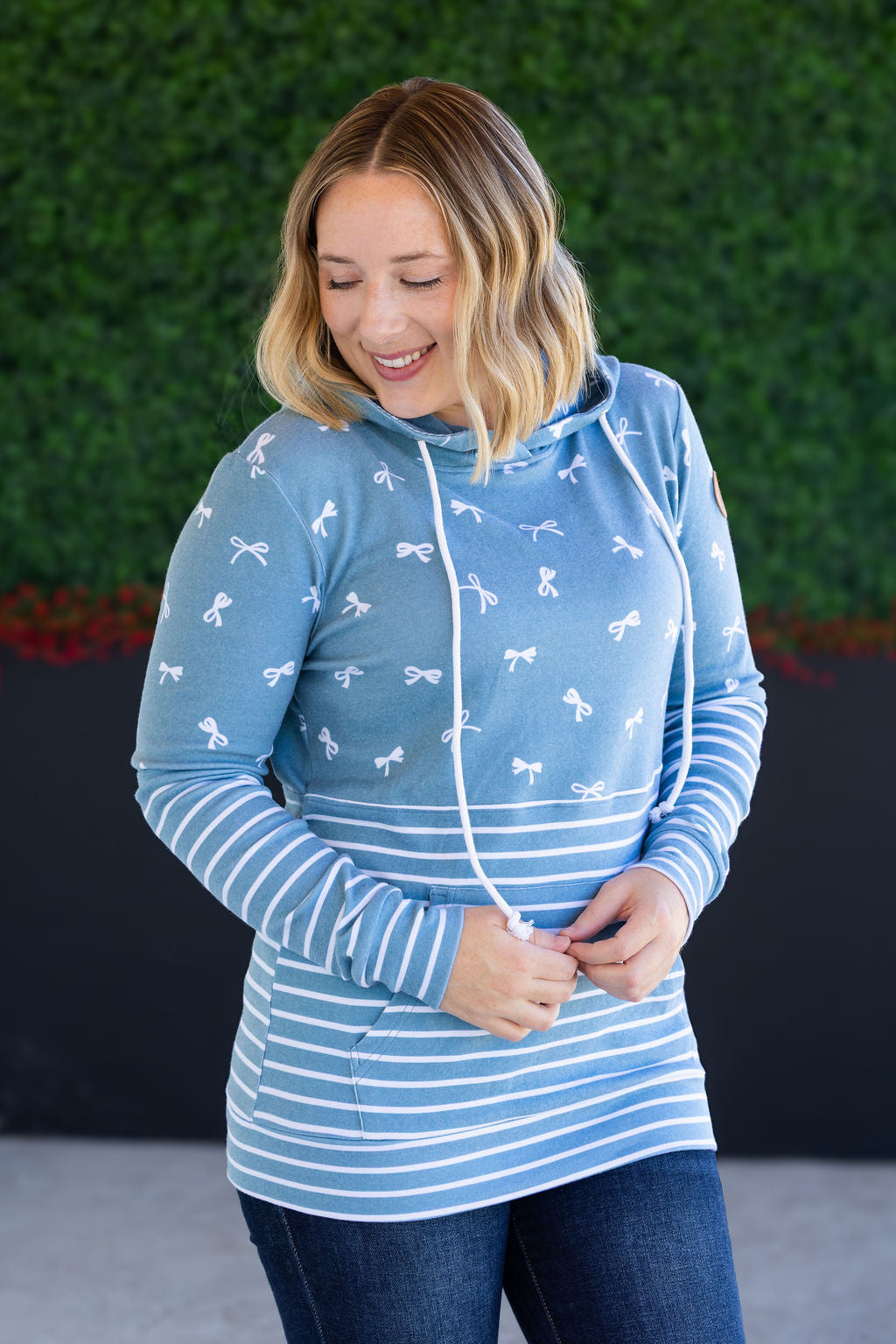 Hailey Pullover Hoodie - Teal Ribbons and Stripes-Hoodie-Villari Chic, women's online fashion boutique in Severna, Maryland