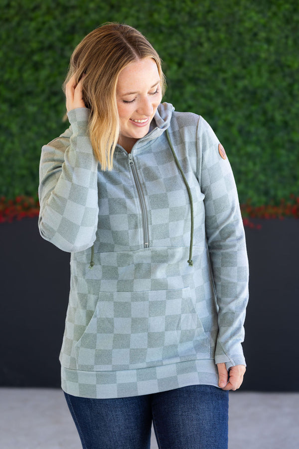 HalfZip Hoodie - Olive Checkers-Hoodie-Villari Chic, women's online fashion boutique in Severna, Maryland