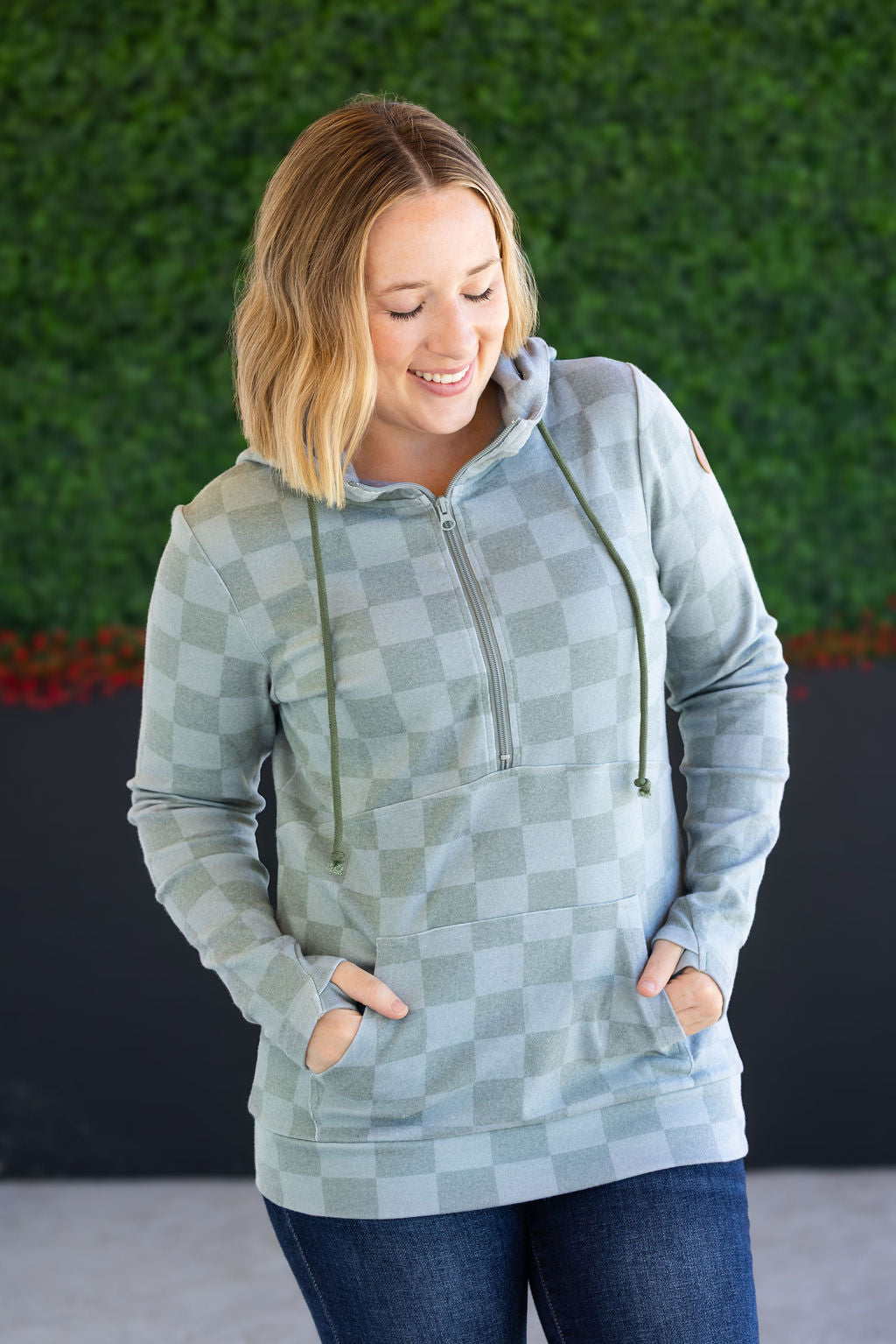 HalfZip Hoodie - Olive Checkers-Hoodie-Villari Chic, women's online fashion boutique in Severna, Maryland