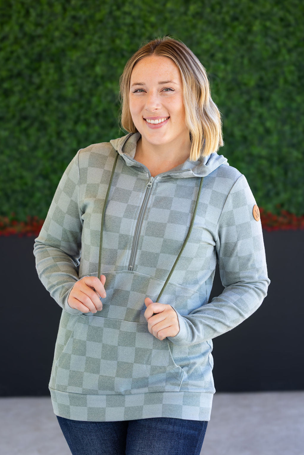 HalfZip Hoodie - Olive Checkers-Hoodie-Villari Chic, women's online fashion boutique in Severna, Maryland