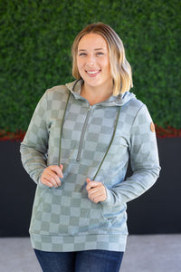 HalfZip Hoodie - Olive Checkers-Hoodie-Villari Chic, women's online fashion boutique in Severna, Maryland