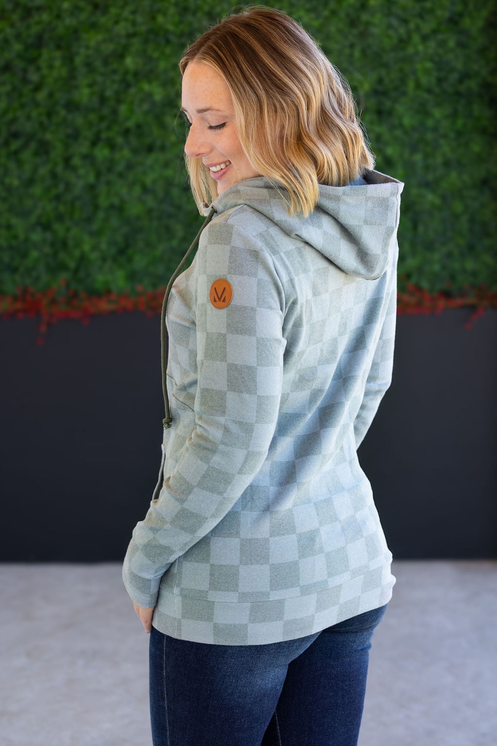 HalfZip Hoodie - Olive Checkers-Hoodie-Villari Chic, women's online fashion boutique in Severna, Maryland