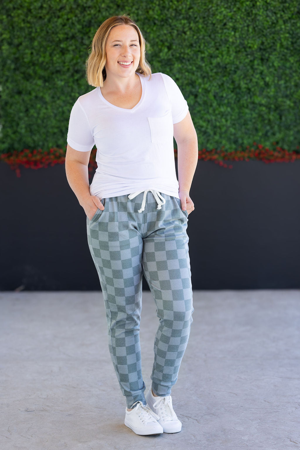 Classic Joggers - Olive Checkers-bottoms-Villari Chic, women's online fashion boutique in Severna, Maryland