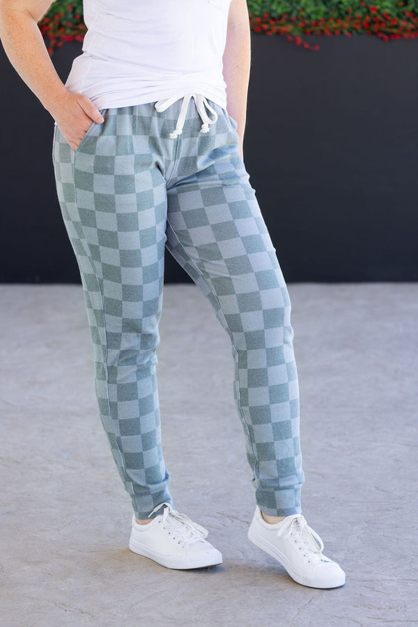 Classic Joggers - Olive Checkers-bottoms-Villari Chic, women's online fashion boutique in Severna, Maryland