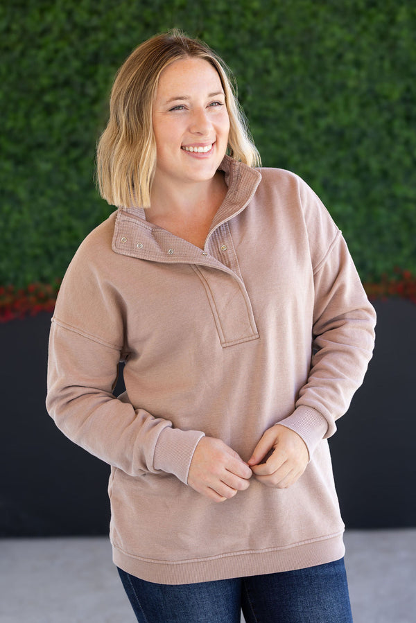 Jesse Vintage Wash Snap Pullover - Tan-Sweatshirt-Villari Chic, women's online fashion boutique in Severna, Maryland