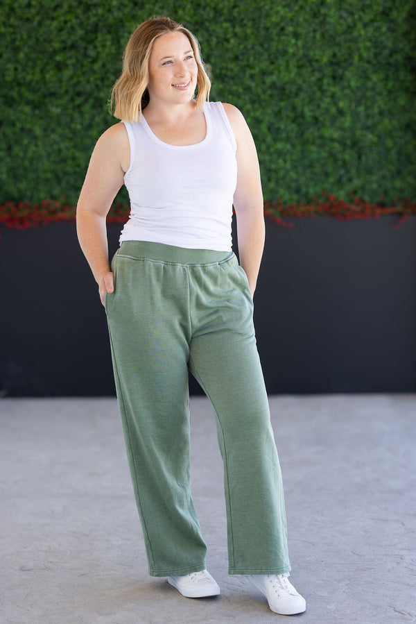 Wide Leg Vintage Wash Bottoms - Olive-bottoms-Villari Chic, women's online fashion boutique in Severna, Maryland