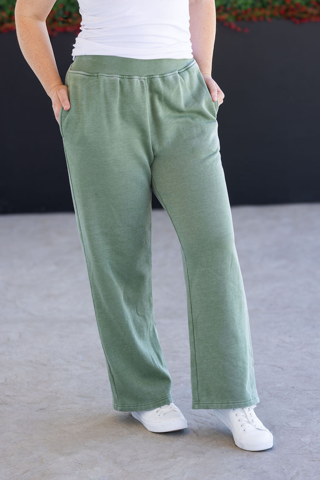 Wide Leg Vintage Wash Bottoms - Olive-bottoms-Villari Chic, women's online fashion boutique in Severna, Maryland