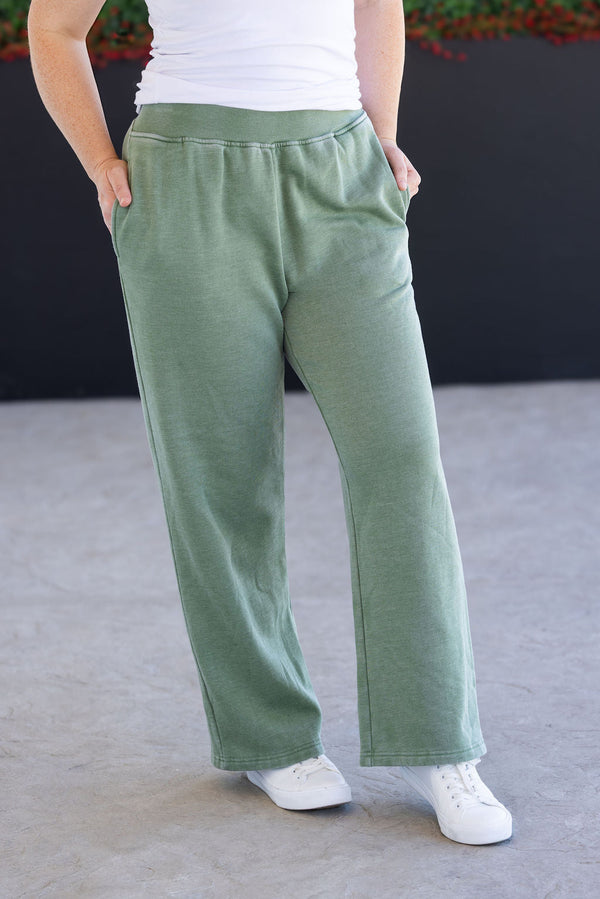 Wide Leg Vintage Wash Bottoms - Olive-bottoms-Villari Chic, women's online fashion boutique in Severna, Maryland