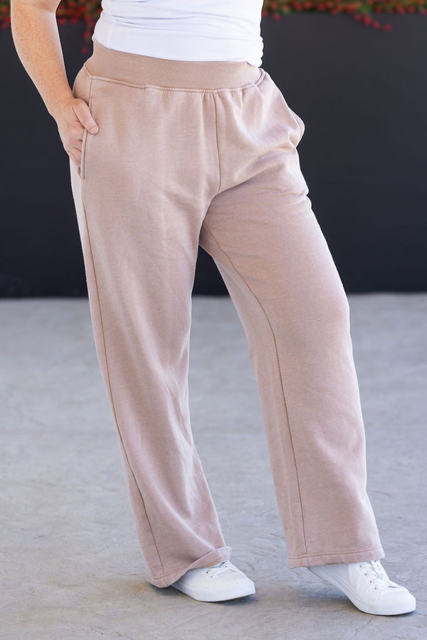 Wide Leg Vintage Wash Bottoms - Tan-bottoms-Villari Chic, women's online fashion boutique in Severna, Maryland