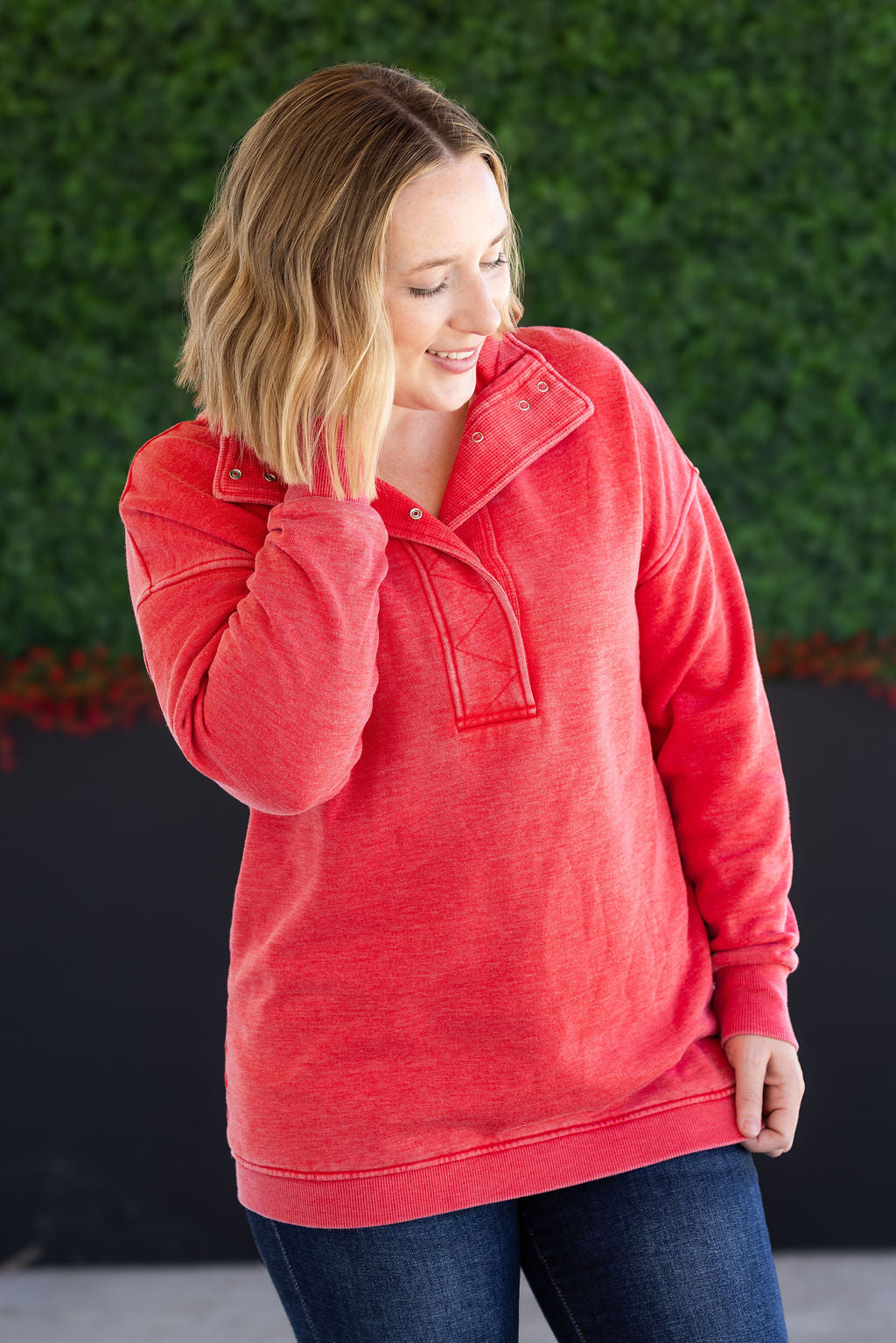 Jesse Vintage Wash Snap Pullover - Red-Sweatshirt-Villari Chic, women's online fashion boutique in Severna, Maryland