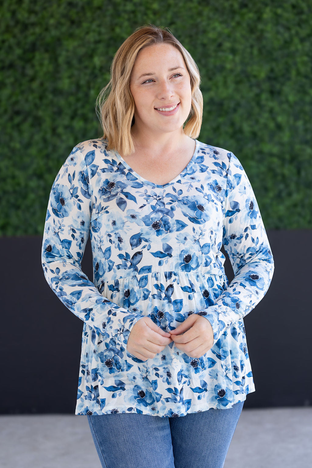 Long Sleeve Sarah Ruffle Top - Sapphire Floral-Tops-Villari Chic, women's online fashion boutique in Severna, Maryland