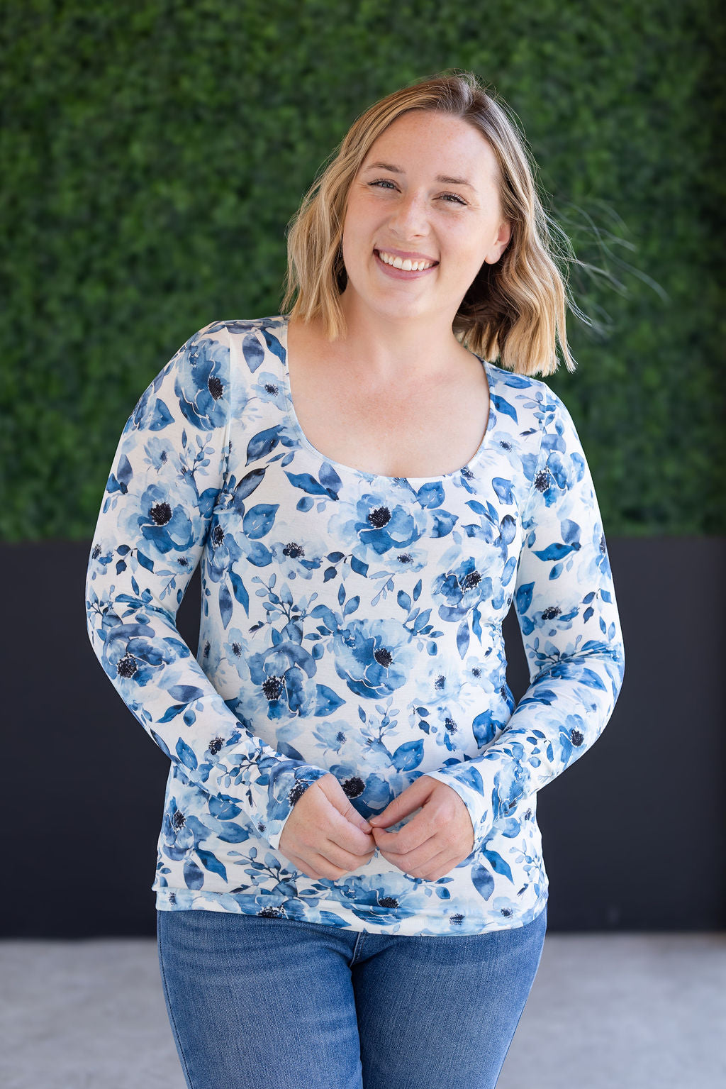 Alyssa Long Sleeve Top - Sapphire Floral-Tops-Villari Chic, women's online fashion boutique in Severna, Maryland