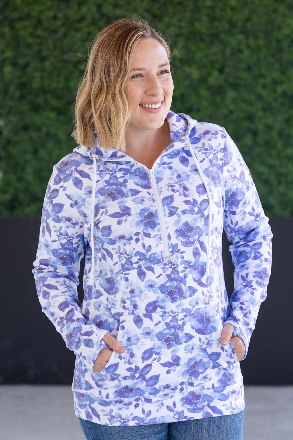 HalfZip Hoodie - Sapphire Floral-clothing-Villari Chic, women's online fashion boutique in Severna, Maryland