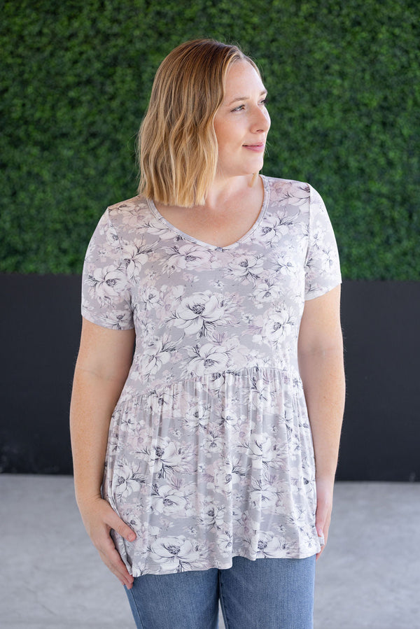 Sarah Ruffle Short Sleeve - Vintage Grey Floral-Tops-Villari Chic, women's online fashion boutique in Severna, Maryland