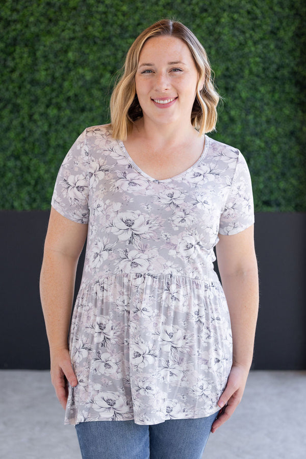 Sarah Ruffle Short Sleeve - Vintage Grey Floral-Tops-Villari Chic, women's online fashion boutique in Severna, Maryland