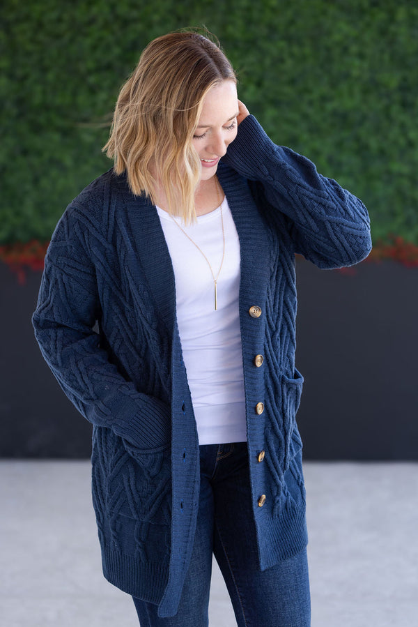 Brooks Button Sweater Cardigan - Navy-Cardigan-Villari Chic, women's online fashion boutique in Severna, Maryland