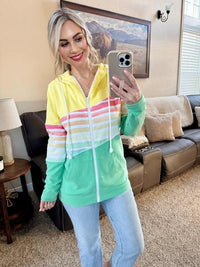 Colorblock Fullzip - Yellow, Rainbow Stripes, and Lime-clothing-Villari Chic, women's online fashion boutique in Severna, Maryland