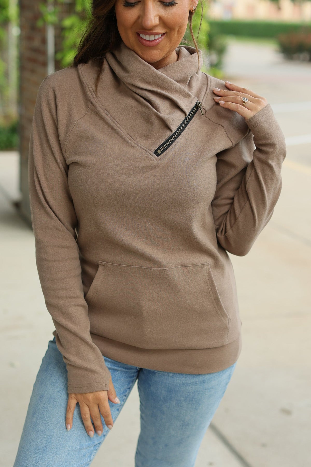 Classic Zoey ZipCowl Sweatshirt - Mocha-Pullover-Villari Chic, women's online fashion boutique in Severna, Maryland