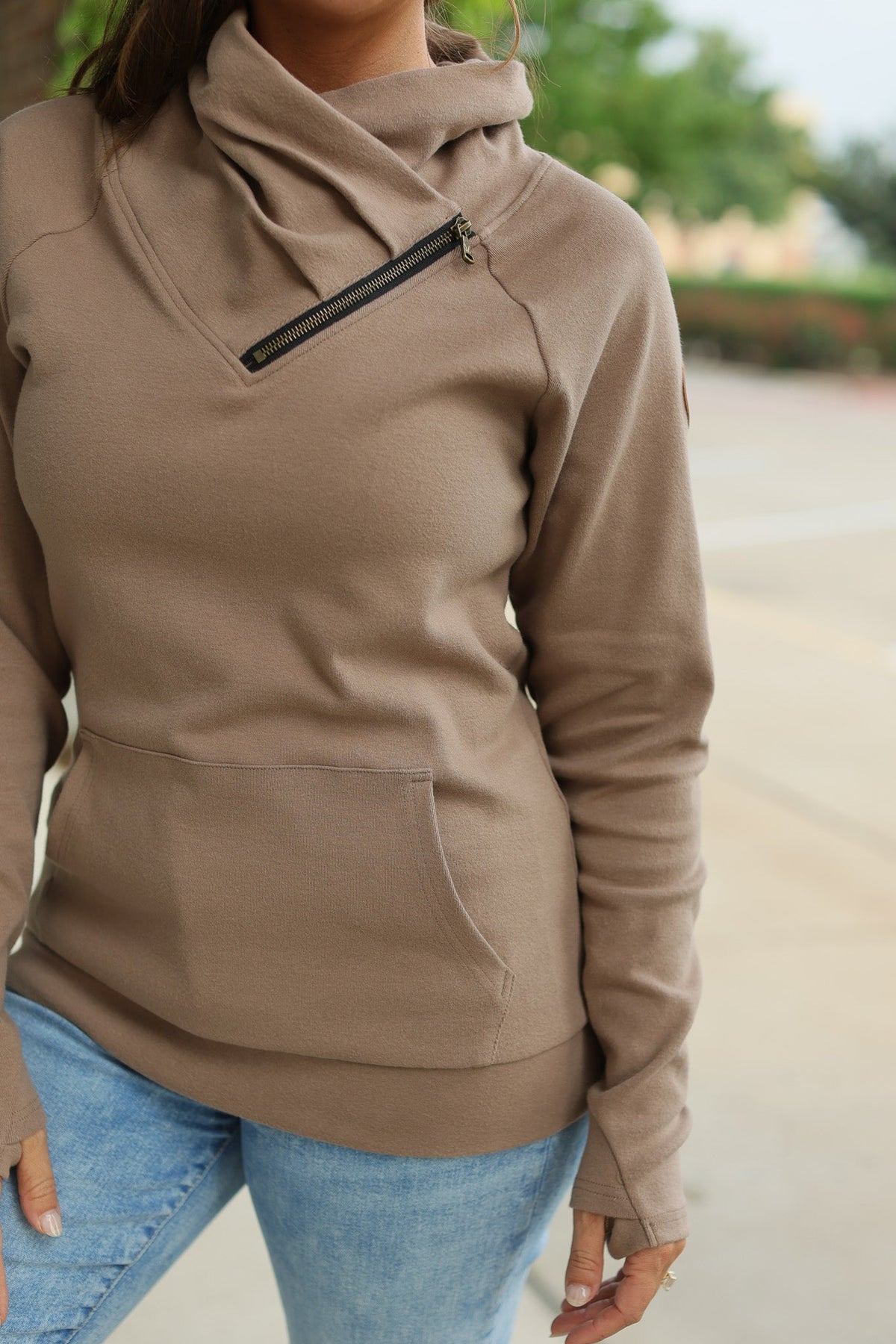 Classic Zoey ZipCowl Sweatshirt - Mocha-Pullover-Villari Chic, women's online fashion boutique in Severna, Maryland