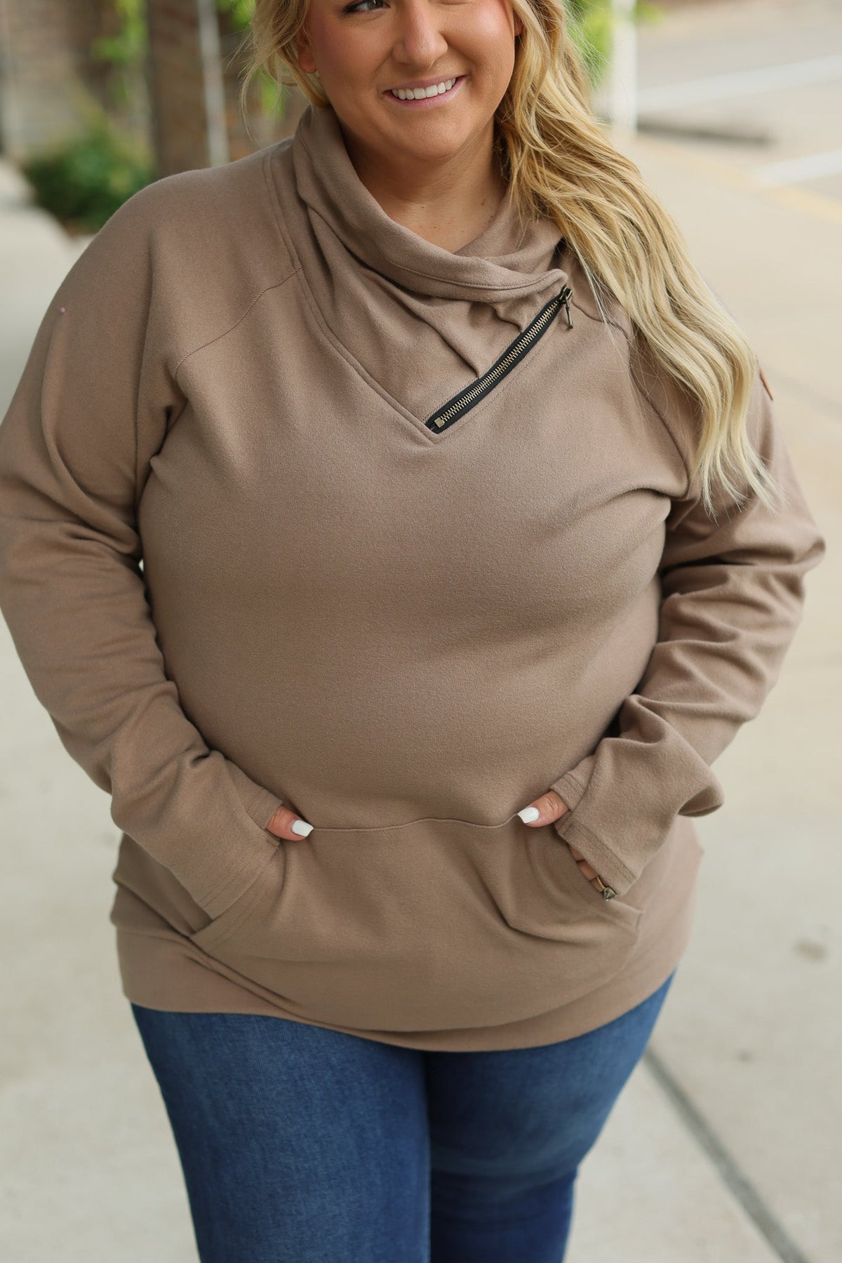 Classic Zoey ZipCowl Sweatshirt - Mocha-Pullover-Villari Chic, women's online fashion boutique in Severna, Maryland