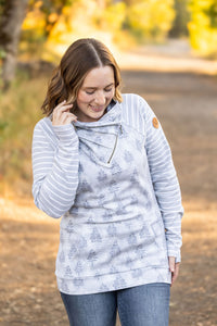 Classic Zoey ZipCowl Sweatshirt - Grey Trees and Stripes-Pullover-Villari Chic, women's online fashion boutique in Severna, Maryland