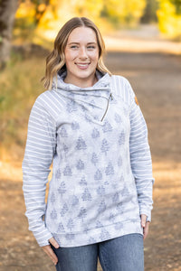 Classic Zoey ZipCowl Sweatshirt - Grey Trees and Stripes-Pullover-Villari Chic, women's online fashion boutique in Severna, Maryland