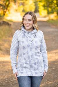 Classic Zoey ZipCowl Sweatshirt - Grey Trees and Stripes-Pullover-Villari Chic, women's online fashion boutique in Severna, Maryland