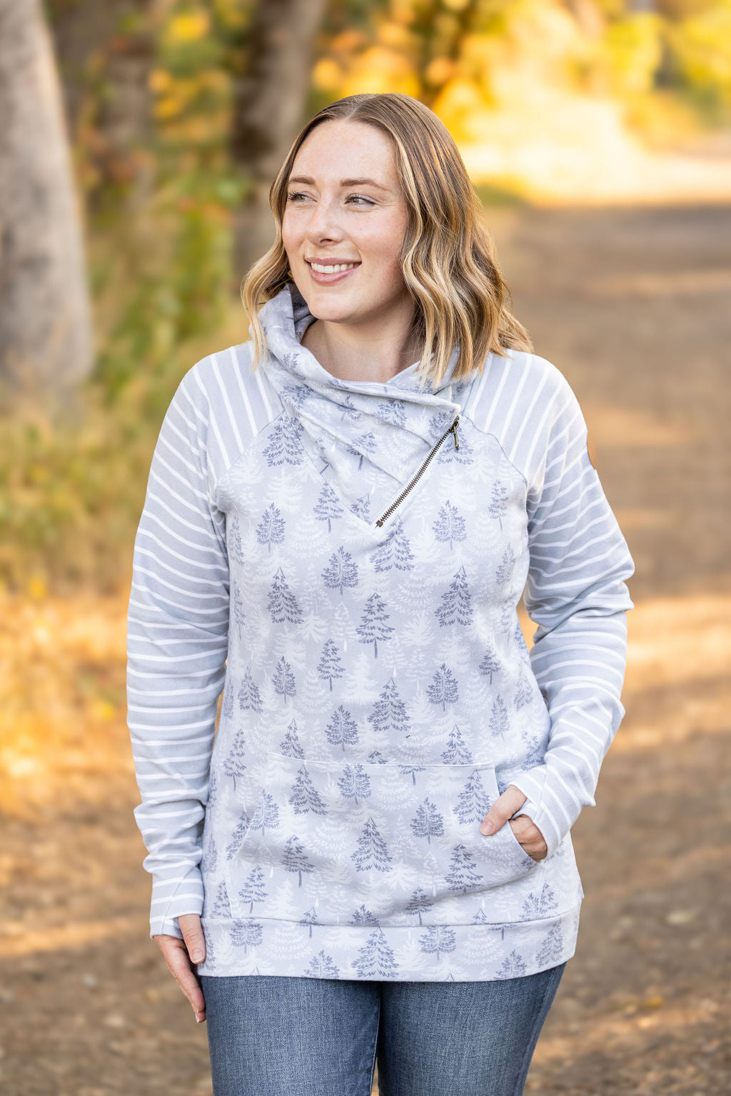 Classic Zoey ZipCowl Sweatshirt - Grey Trees and Stripes-Pullover-Villari Chic, women's online fashion boutique in Severna, Maryland