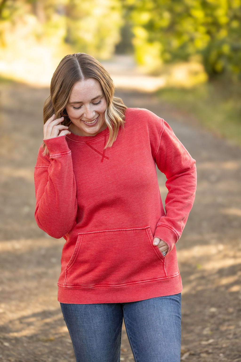 Vintage Wash Pocket Pullover - Red-clothing-Villari Chic, women's online fashion boutique in Severna, Maryland