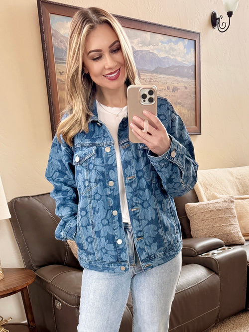 Floral Print Denim Jacket by Risen-Villari Chic, women's online fashion boutique in Severna, Maryland