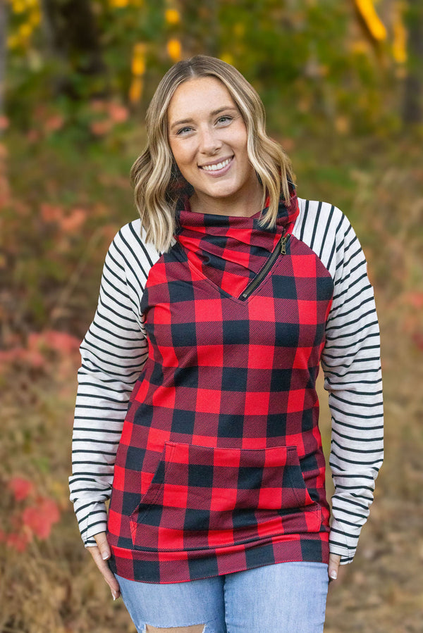 Zoey ZipCowl - Buffalo Plaid and Oatmeal Stripes-clothing-Villari Chic, women's online fashion boutique in Severna, Maryland