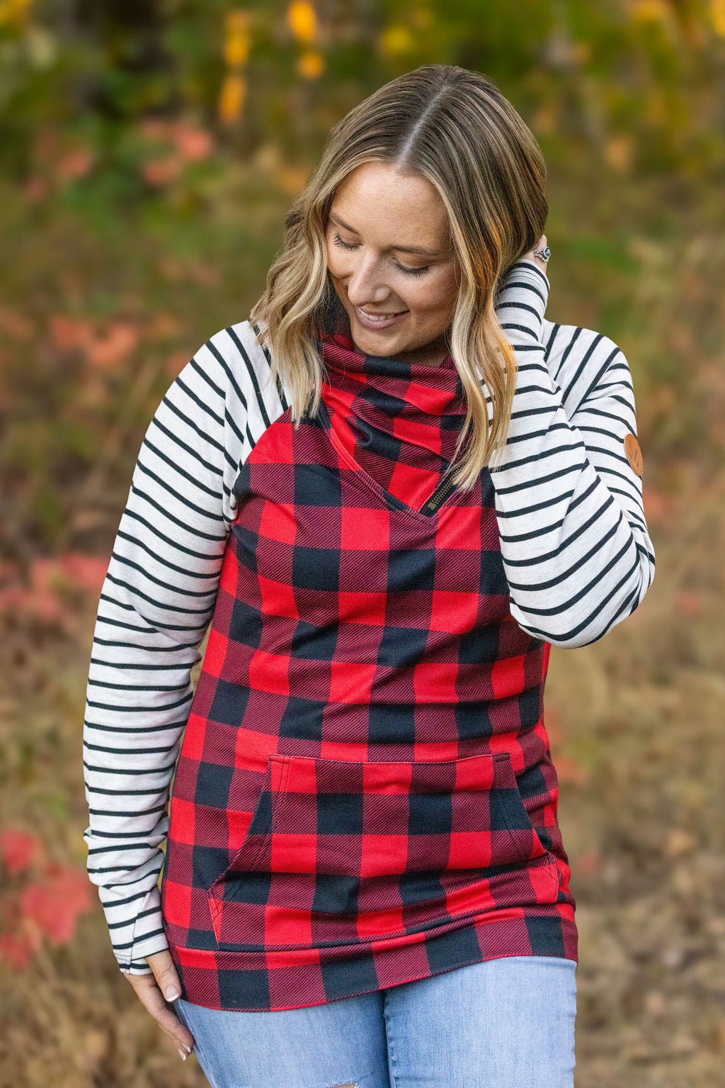 Zoey ZipCowl - Buffalo Plaid and Oatmeal Stripes-clothing-Villari Chic, women's online fashion boutique in Severna, Maryland