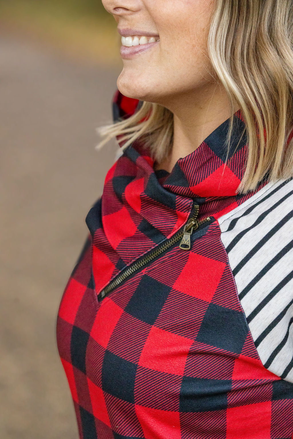 Zoey ZipCowl - Buffalo Plaid and Oatmeal Stripes-clothing-Villari Chic, women's online fashion boutique in Severna, Maryland