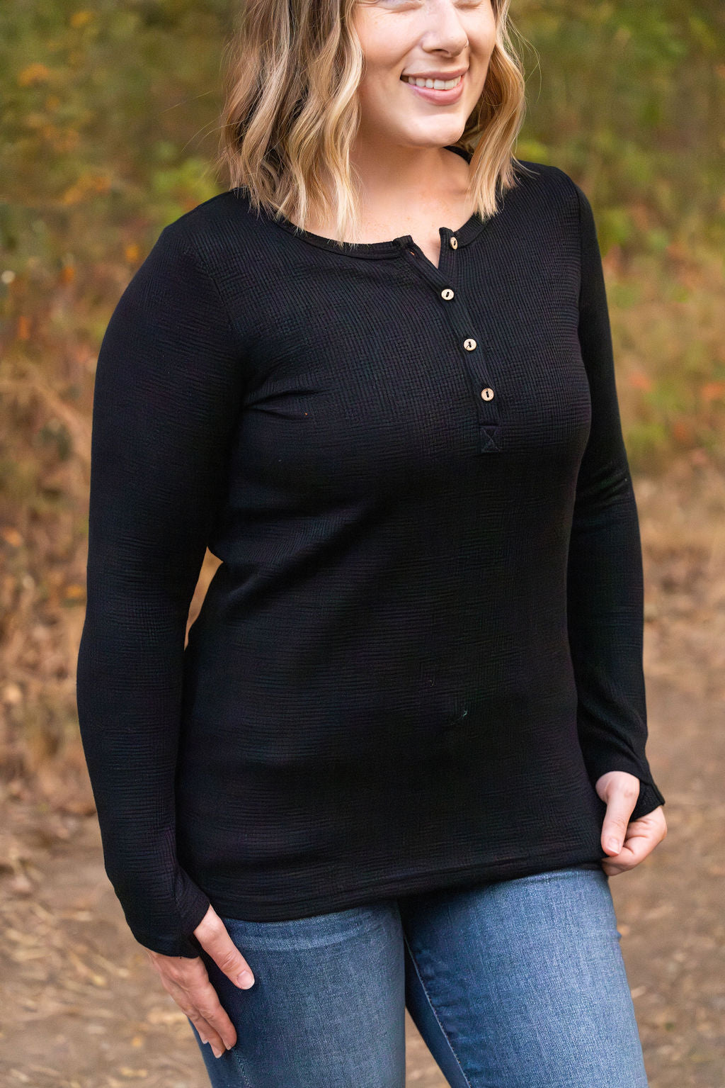 Harper Long Sleeve Henley - Black-Tops-Villari Chic, women's online fashion boutique in Severna, Maryland